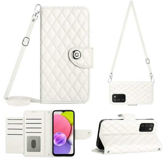 Elegant Case for Samsung A03s Wallet Case RFID Blocking Card Slots Holder with Shoulder&Crossbody Strap, Magnetic Folio Kickstand Handbag Flip Phone Cover for Samsung Galaxy A03s, White