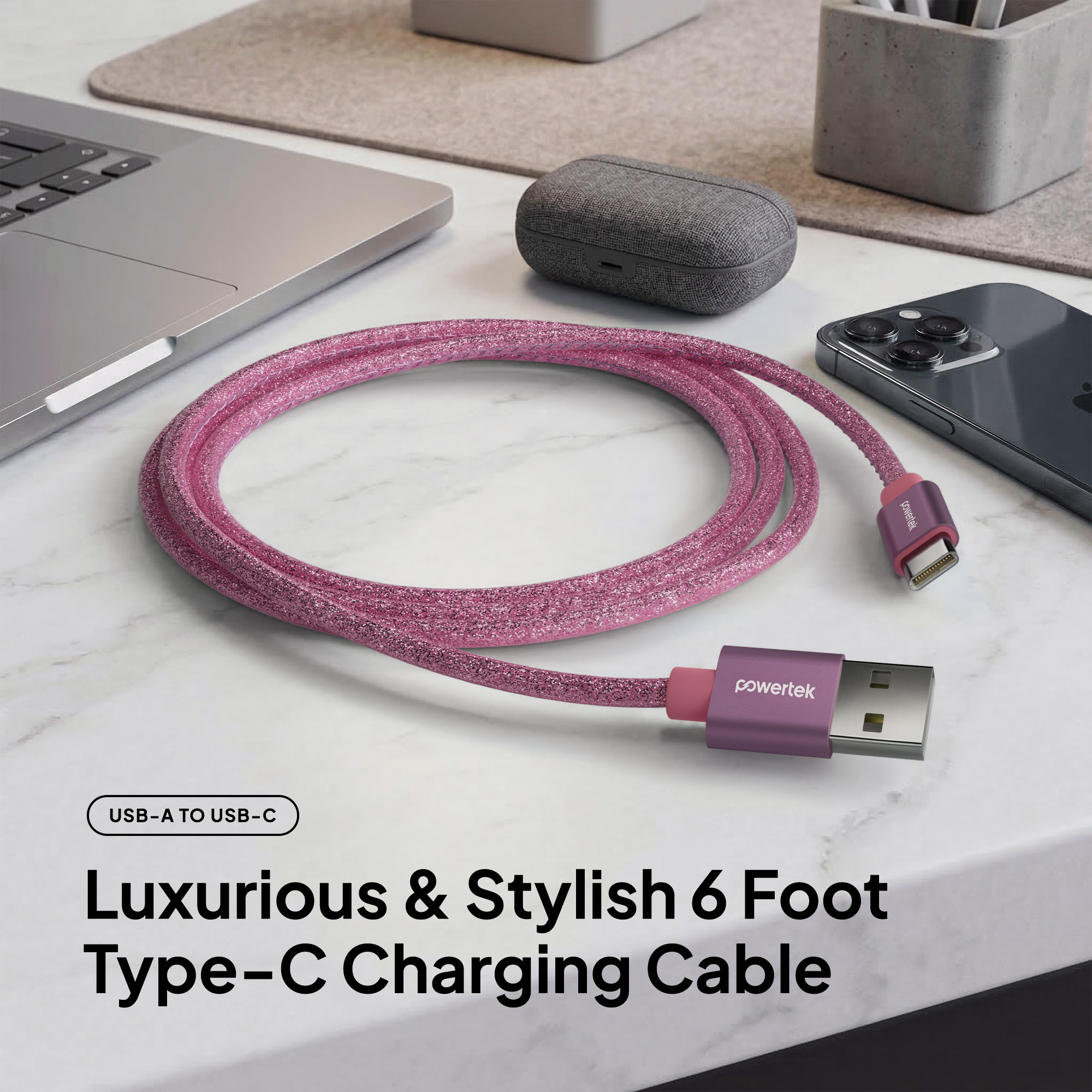 Liquipel Powertek USB-A to USB-C Cable, 6 Feet, Pink Glitter photo 2