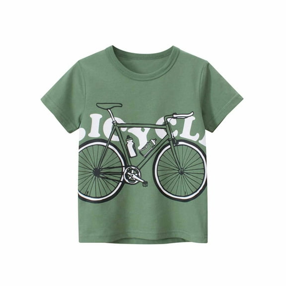Odeerbi Toddler Kids Boys Cotton T-shirt Round Neck Short Sleeve Tops Fashion English Bicycle Print Blouse Olive Green