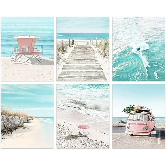 Coastal Wall Art Beach Prints Decor Set of 6 Summer Seascape Theme Pictures Boardwalk, Beach Chair, Pink Van, Surfing Posters for Home Unframed 8x10 Inch