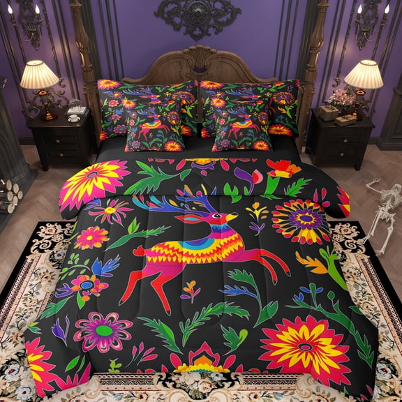 Manfei Hippie Reindeer Animal 7-Piece Twin Bedding Sets for Teens, Mandala Flower Botanical Bedding Comforter Set, Countryside Reversible Sheet Sets, Lightweight Room Decor