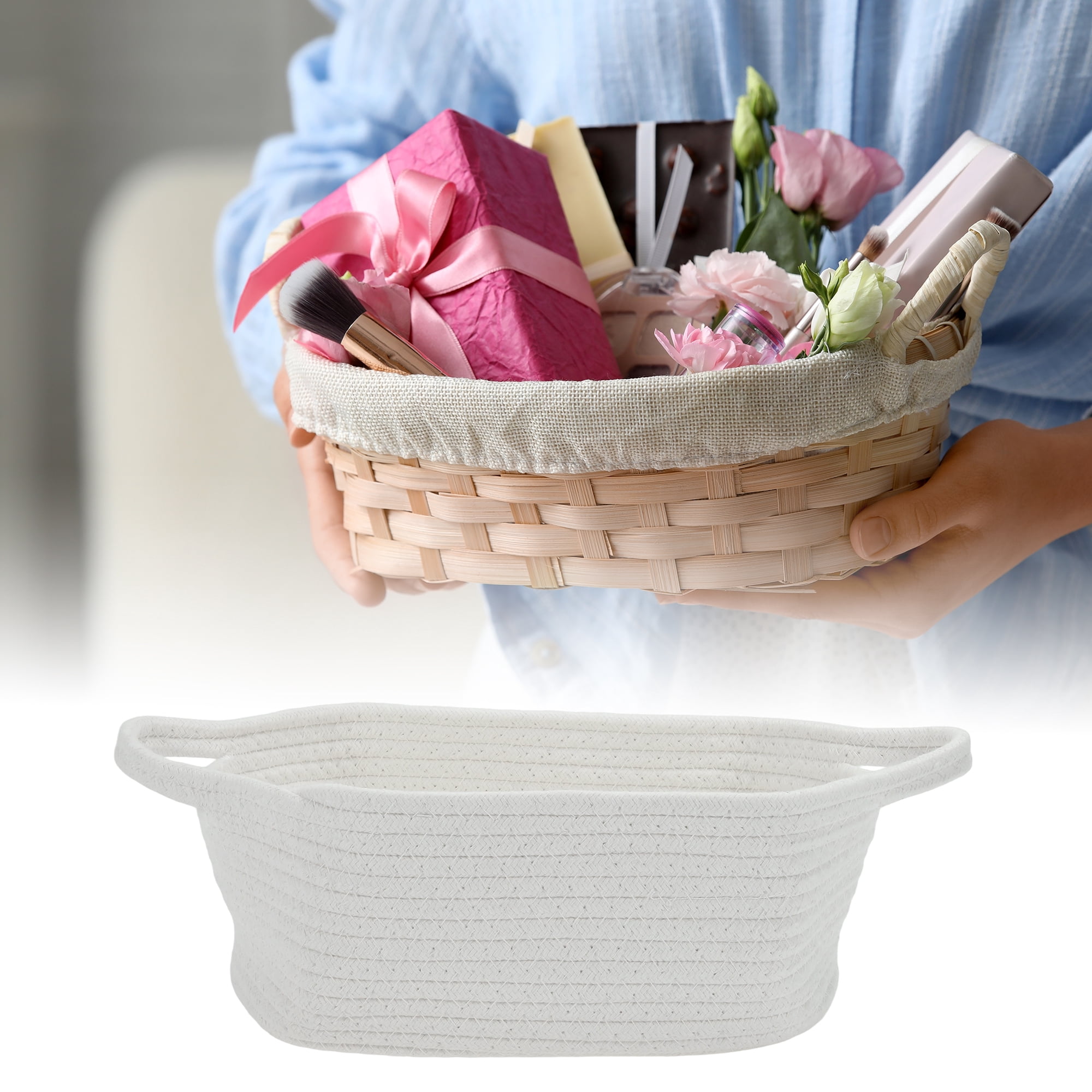 Unique Bargains Woven Empty Gift Decorative Basket with Gift Bag and Ribbon White