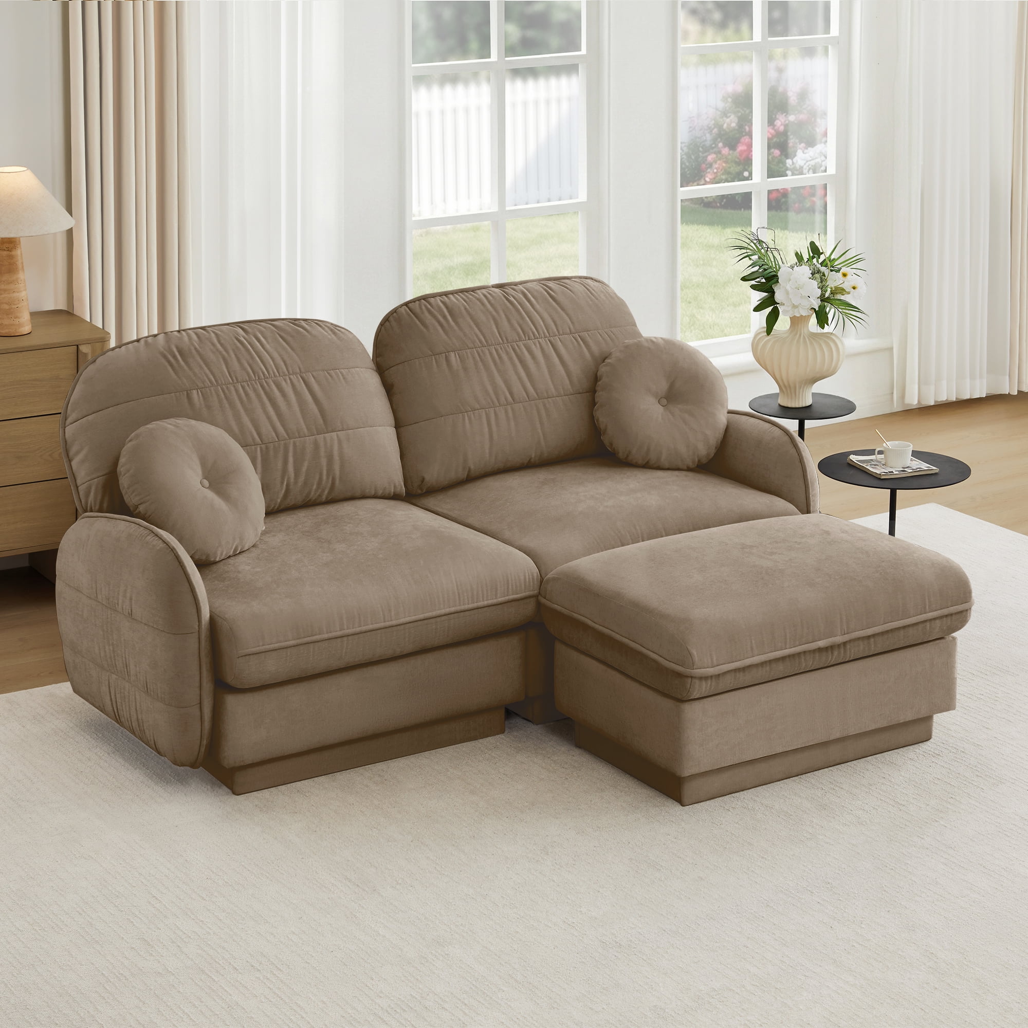 Mintazer Chenille Cloud Loveseat Sofa with Movable Ottoman and Round Pillows, L-Shaped Ergonomic Sofa Couch for Living Room, Bedroom, Light Coffee
