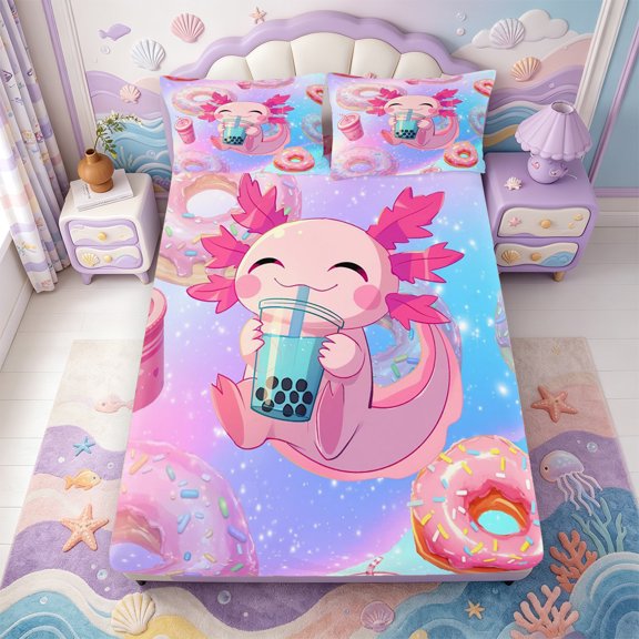 Manfei Axolotl Pattern Fitted Sheet Full,Kawaii Amphibian Bed Set,3pcs,1 Fitted Sheet and 2 Pillowcases