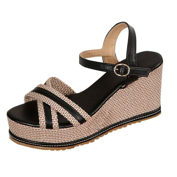 Sandals for Women 2025 Wedge Open Toe Summer Women's Trendy Solid Color Espadrilles Women Footwear Comfortable Ankle Strap Walking Beach Shoes Black 5.5