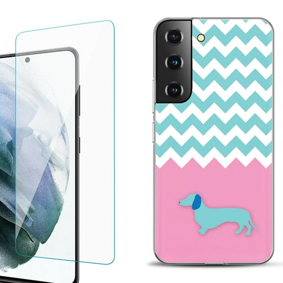 Slim-Fit Fashion Gel Phone Case for Samsung Galaxy S22  5G / S22 Plus 5G, with Tempered Glass Screen Protector, by OneToughShield ® - Chevron/Dachshund/Puppy