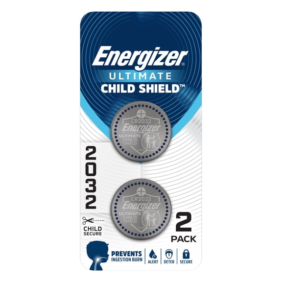 Energizer Ultimate Child Shield CR2032 Batteries (2 Pack), 3V Lithium Coin Batteries, Compatible with Apple AirTag and Tile Pro Devices, Key Fobs, Watches and More