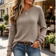 thumbnail image 2 of VISALY Ribbed Long Sleeve Sweater Shirts Lightweight Crewneck Pullover Sweater Cute Fall Business Dressy Casual Work Tunic Tops Cozy Knit Pullover Blouses Fall Outfits Trendy Boho Clothing Khaki S, 2 of 9