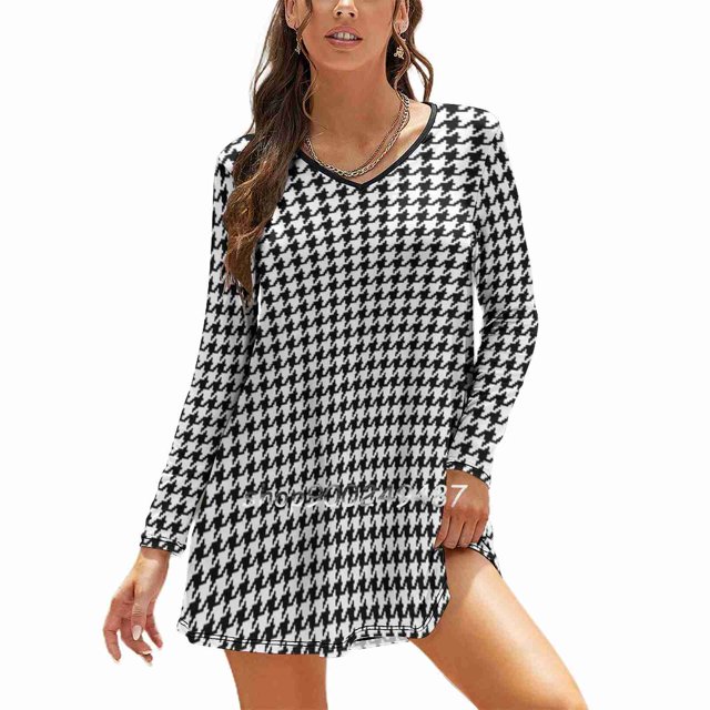 Robe Évasée Pied-de-Poule Col Carré Robe Élégante Mode Féminine Imprimée Motif Pied-de-Poule Fond Abstrait Texture