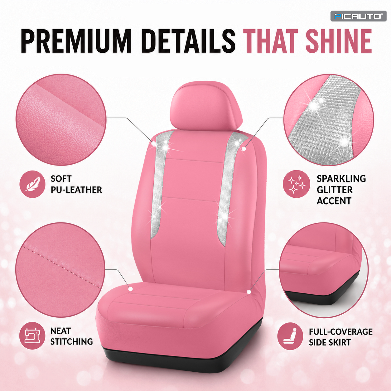 PIC AUTO Sparkly Pink Leather Car Seat Covers for Women photo 3