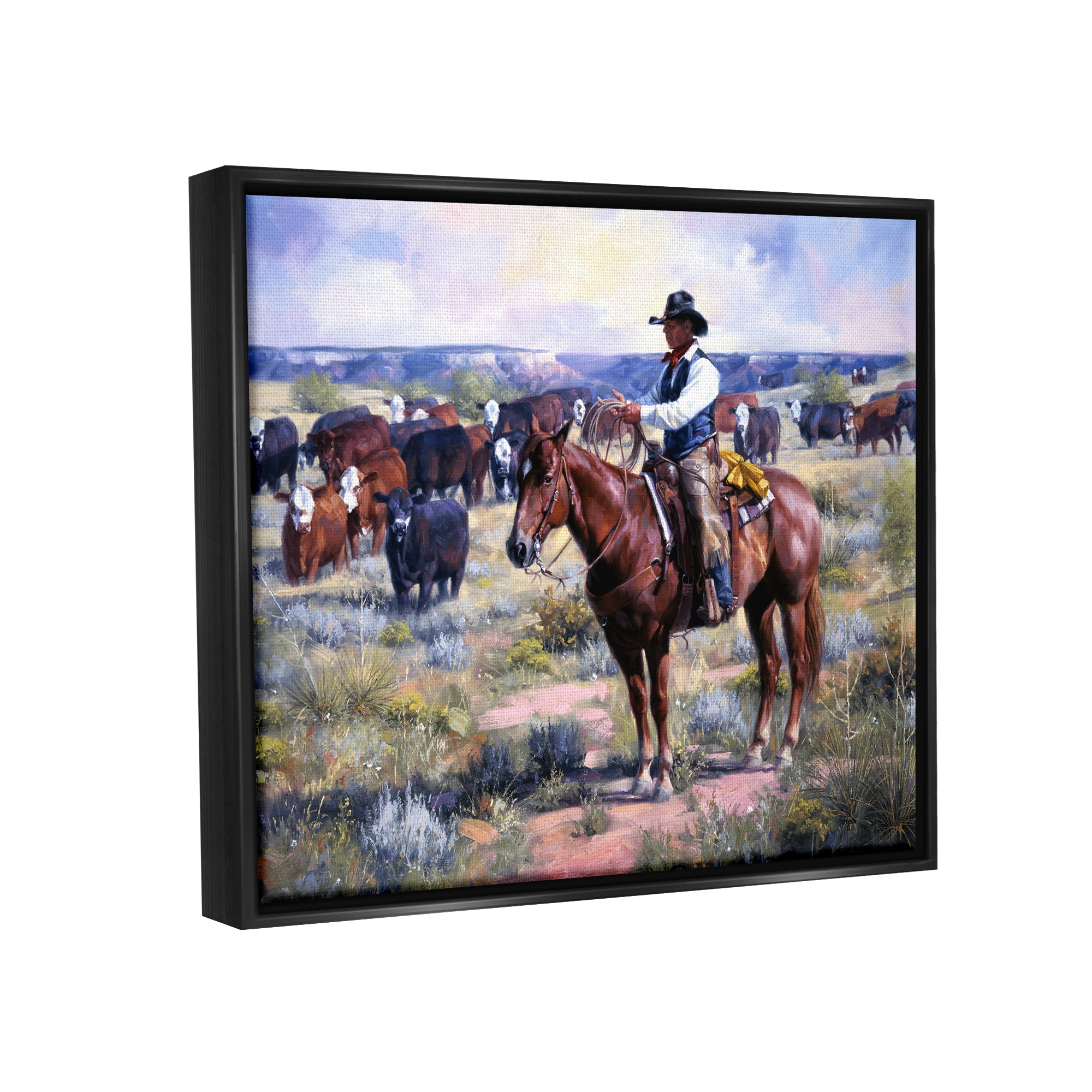 Stupell Industries Cowboy Herding Cattle Ranch Animals & Insects Painting Black Floater Framed Art Print Wall Art, 31 x 25