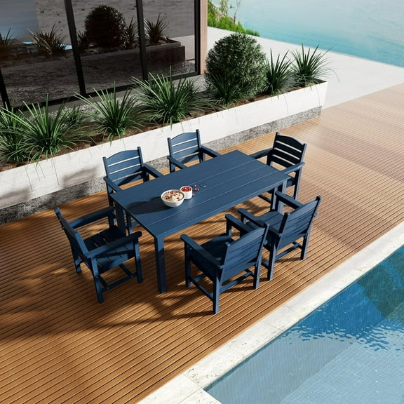 Innovaze Polywood Patio Dining Set, HIPS Outdoor 70.9-Inches Dining Table and Ladder Back Chairs, with Umbrella Hole, Weather Resistant (Navy Blue, 7 Piece)