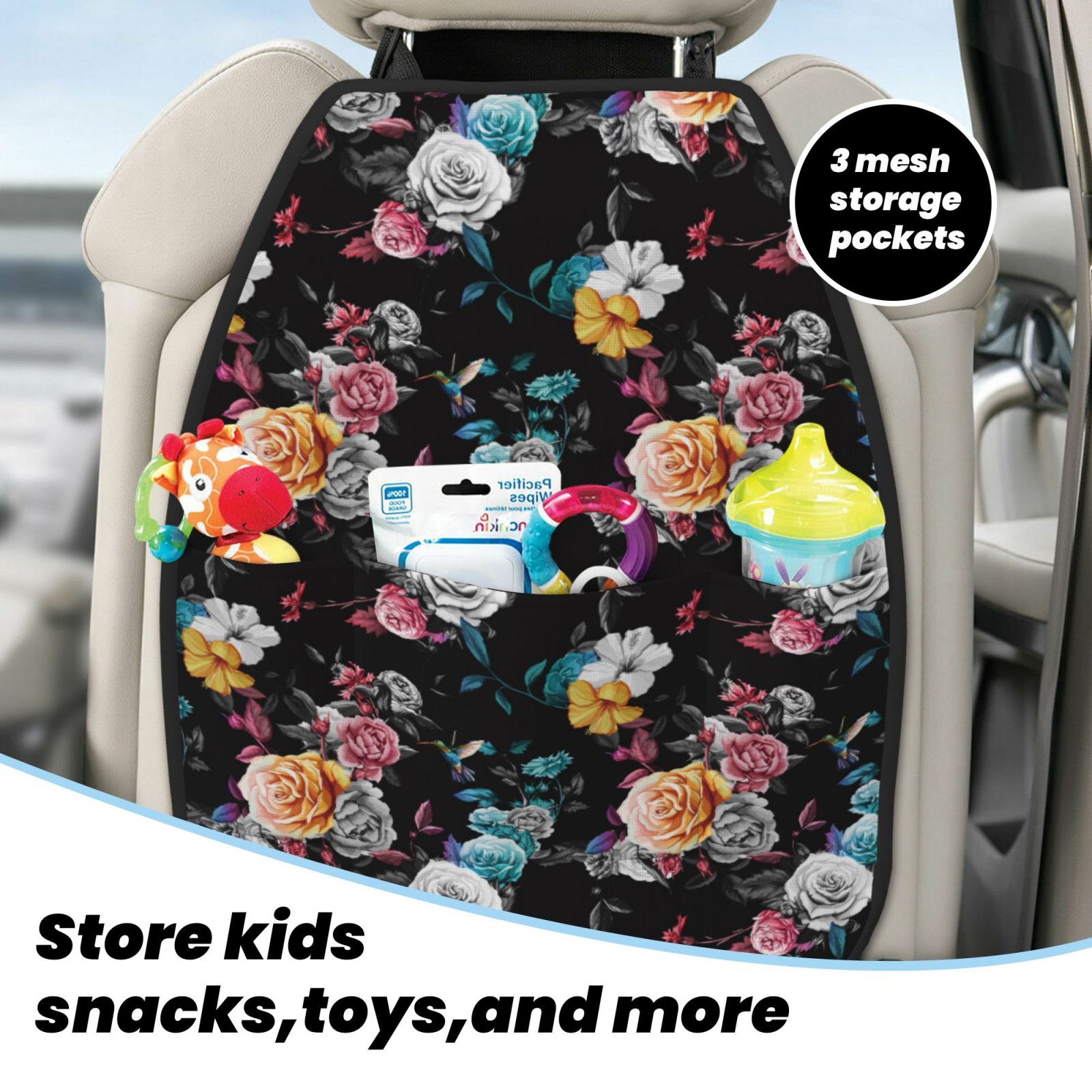 Kdxio Hibiscus Rose Print 2 Pack Car Kick Mat Seat Cover Back Protector Mat with Pockets for Organizer Backseat Protector and Storage Anti Kick Pad for Vehicles
