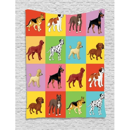 Dogs Tapestry Colorful Checkered Pattern With Different Breeds Of Dogs Animal Pet Lover Themed Print Wall Hanging For Bedroom Living Room Dorm