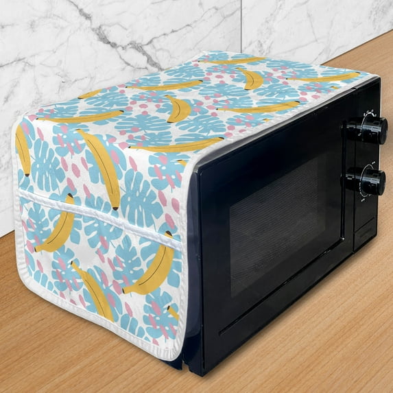 Tropical Microwave Oven Cover, Monstera Leaves Bananas and Paint Spots in Pastel Colors Summer Vibes, Water Resistant Organizer with Pockets Kitchen, 36" x 12", Sky Blue Mustard Blush, by Ambesonne