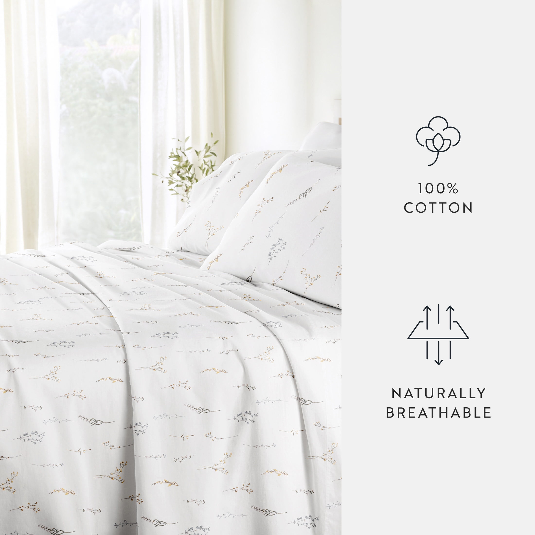 Noble Linens 4 Piece 300TC Cotton Printed Sheets, Wild Garden White, California King