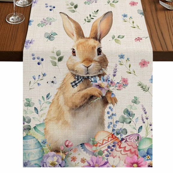 Table Runners 60 Inches Long Dress Scarves, Bunny Easter Farmhouse Kitchen Table Runner, Small Coffee Tablerunners, Spring Floral Eggs Rabbits Rustic 13x60 Inch