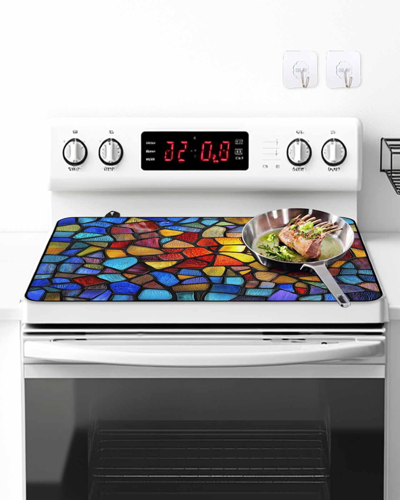 Stove Top Covers for Electric Stove, Blue Red Yellow Glass Stovetop Cover Protector, Modern Colored Rainbow Stained Glass Induction Cooktop Protector Oven Mat for Kitchen Countertop 24"x21"