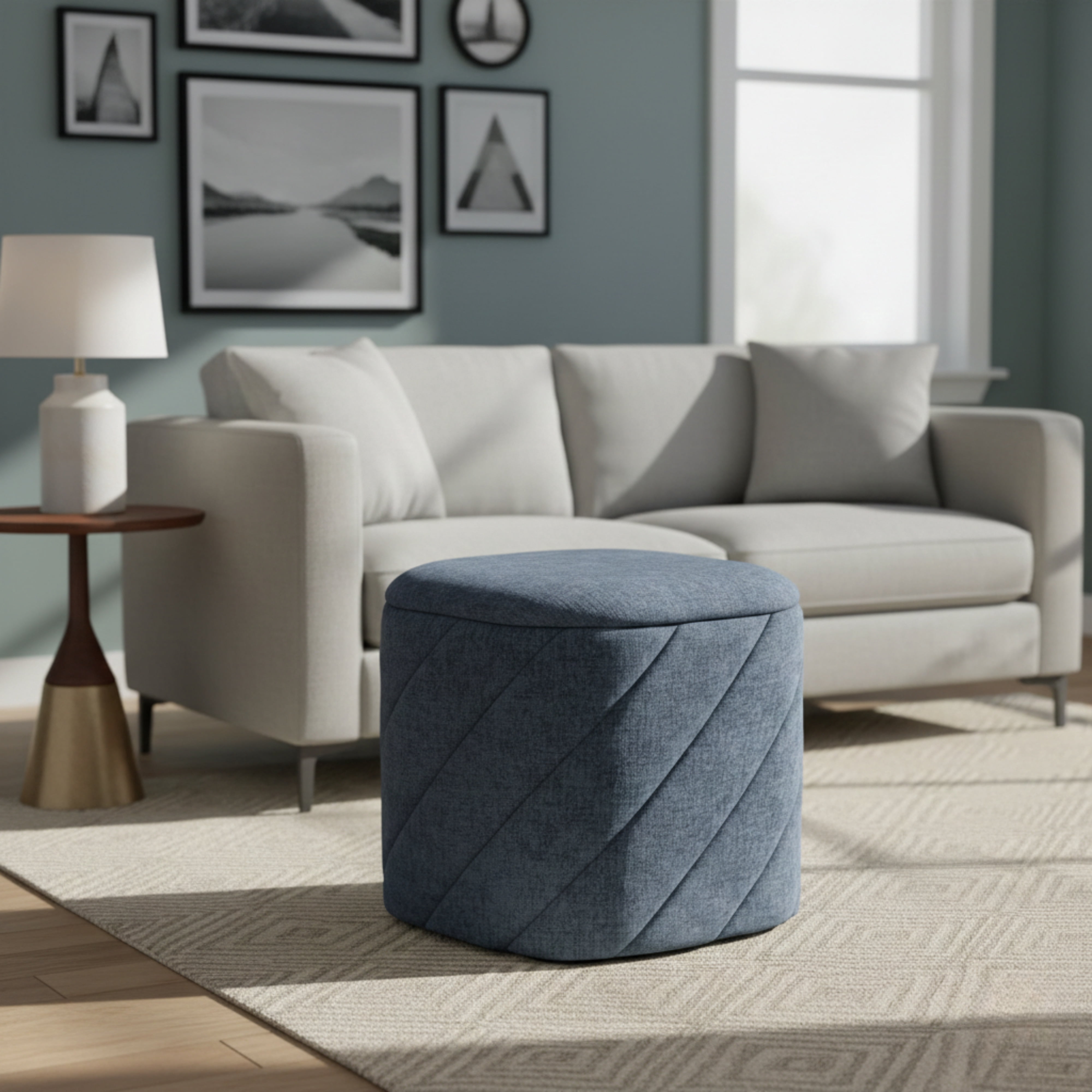 Aria Home Modern Tufted Cube Ottoman with Storage, Upholstered Footrest 15" Stool, Blue