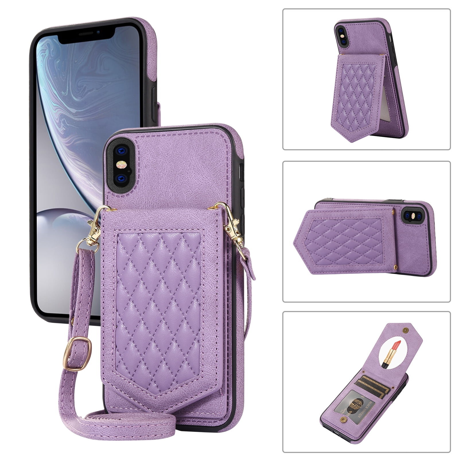 Feishell Crossbody Wallet Case for iPhone XS, iPhone X, [RFID Blocking] Credit Card Holder Shoulder Strap,PU Leather Purse with Back Mirror Flip Women Girls Cover For iPhone X/XS, Purple