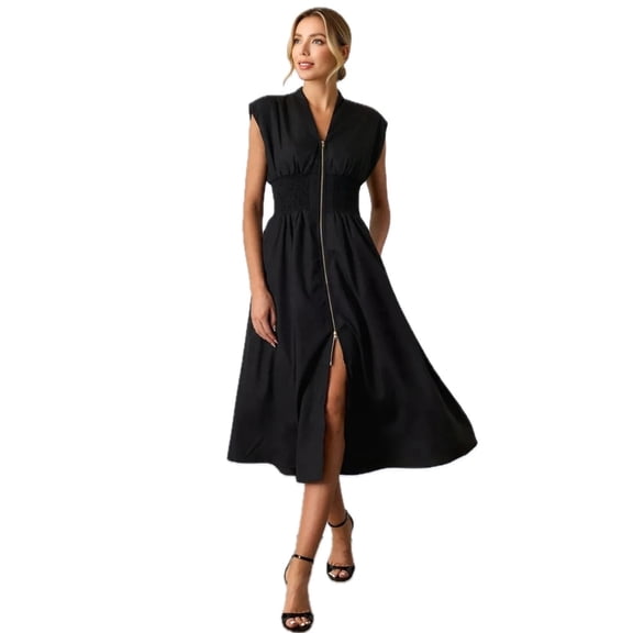 Women's Smocked Zip Front Cap Sleeve Dress 100% Polyester Sheer Bodice Unlined Easy Fit Everyday Wear Elegant Chic
