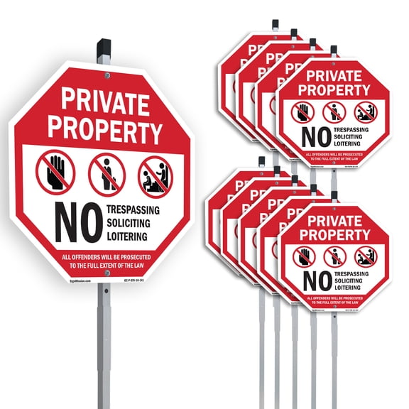 Private Property No Trespassing Soliciting Loitering All Offenders Will Be Prosecuted to The Full Extent of The Law (10 Pack) 10 inch X 10 inch Octagon Plastic Signs with Aluminum