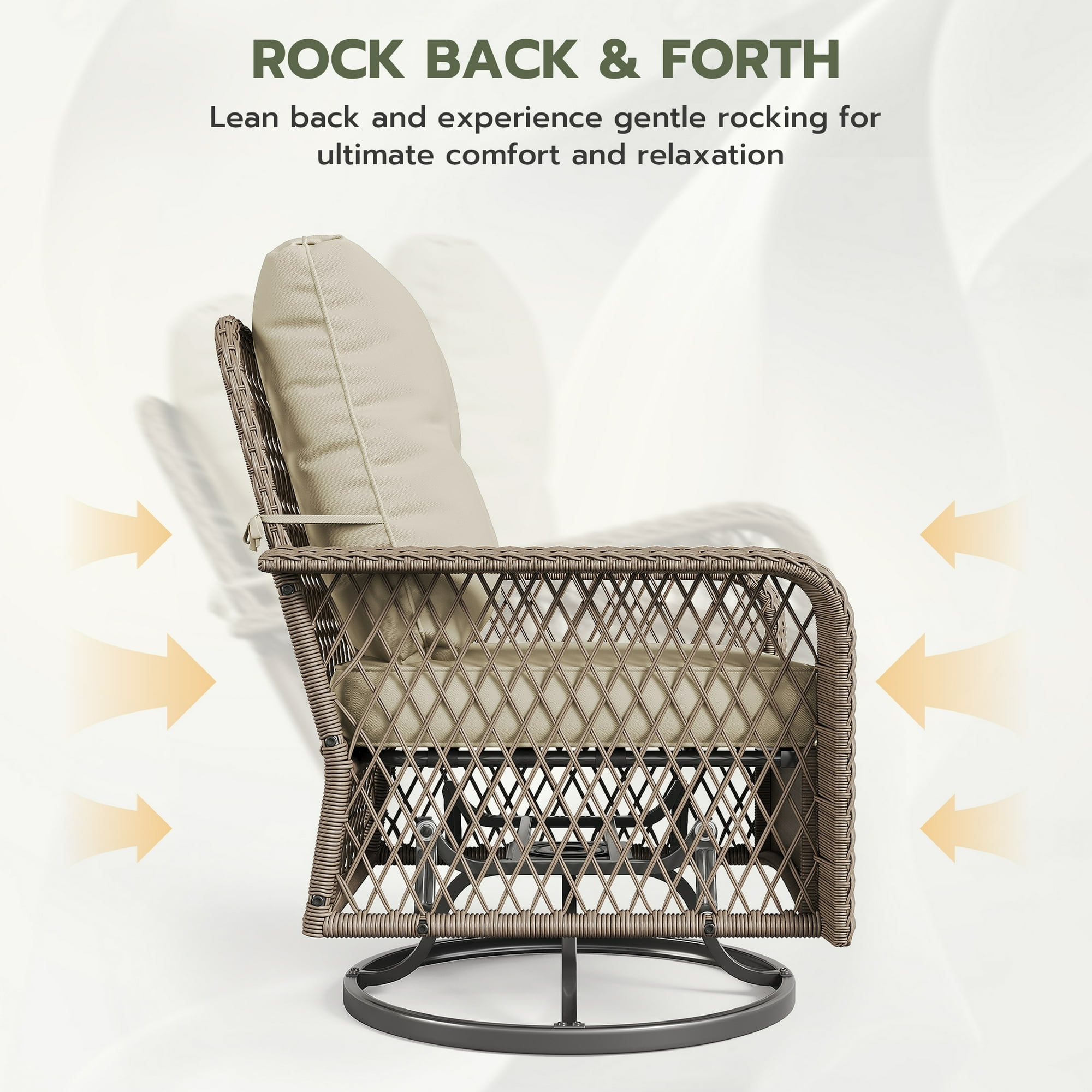 POTEBAN 3 Pieces Patio Furniture Set, Outdoor Swivel Gliders Rocker, Glass Top Side Table (Khaki)