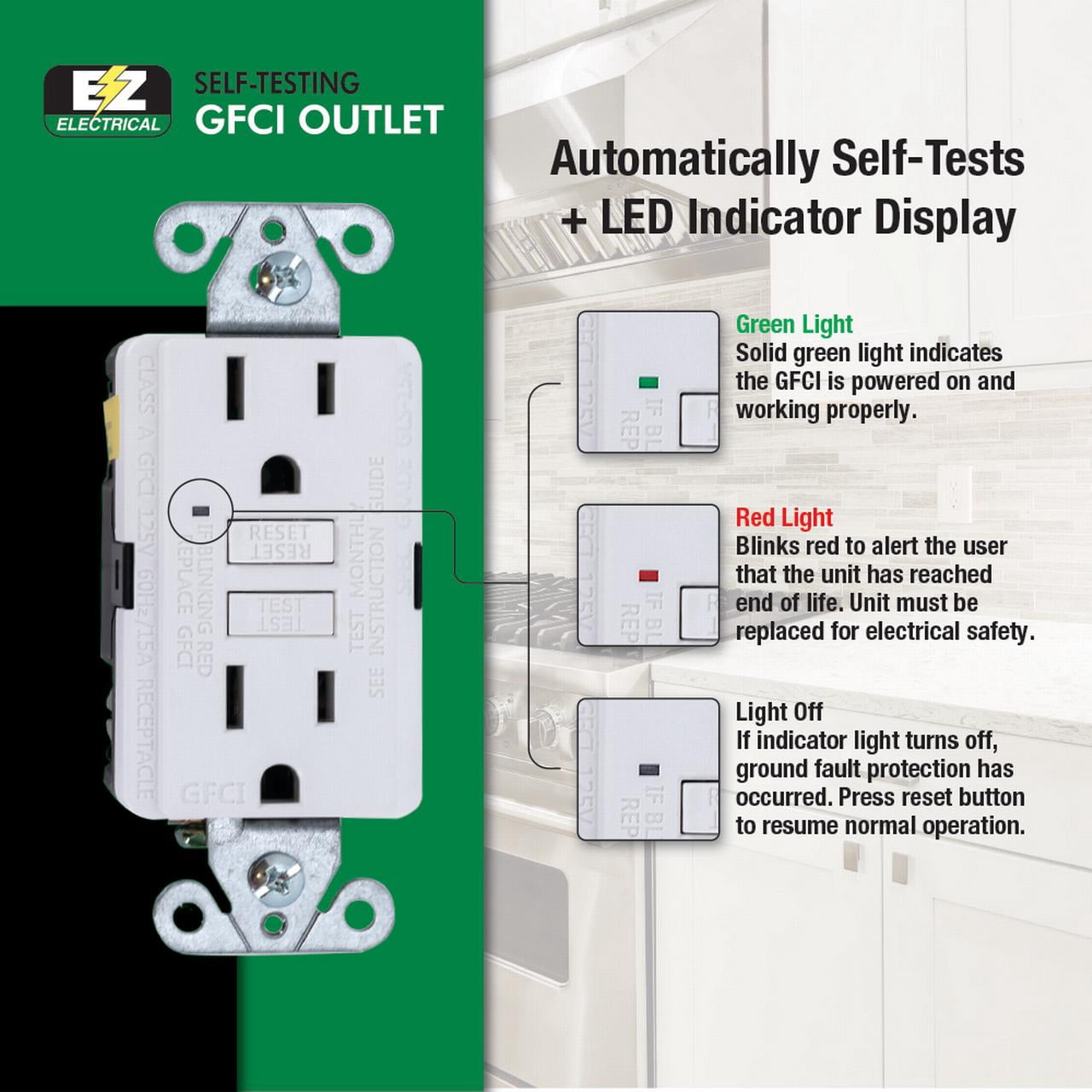EZ-FLO 62167 Duplex 15 Amp 125 V Self-Test Slim GFCI Outlet with LED Indicator and Wall Plate, White