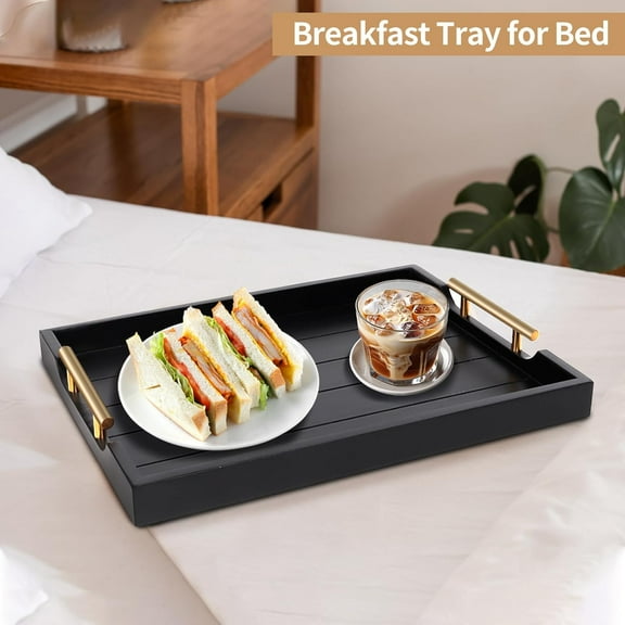 Large Wooden Coffee Table Trays with Handles (2 Sets) - Black Wood Serving Trays, 4 Coasters Included