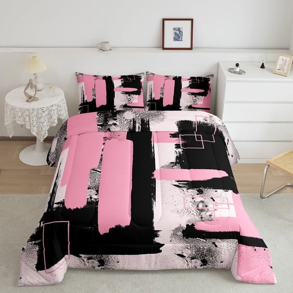 Erosebridal Abstract Graffiti Stripes Comforter Sets Twin Size,Modern Splashing Ink Comforters & Duvets,Pink White Bedding Twin Comforter Set,Microfiber Bedroom Decoration Reversible,2-Piece