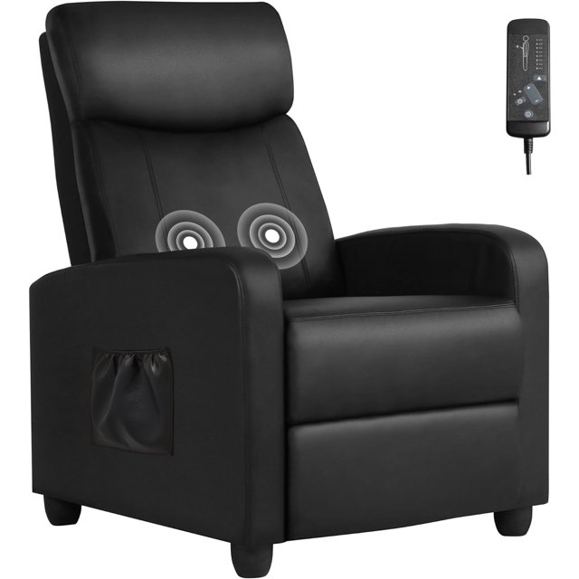Black leather Comhoma push back massage recliner with built-in footrest, side pocket, and remote control for adjustable massage settings.