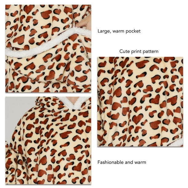 Blanket Hoodie, Comfortable Wearable Blanket Hoodie Fashionable Large Pockets Cute Pattern Print Machine Wash Flannel For Daily For Adult ANGGREK Estampado Leopardo Talla Media para Adultos
