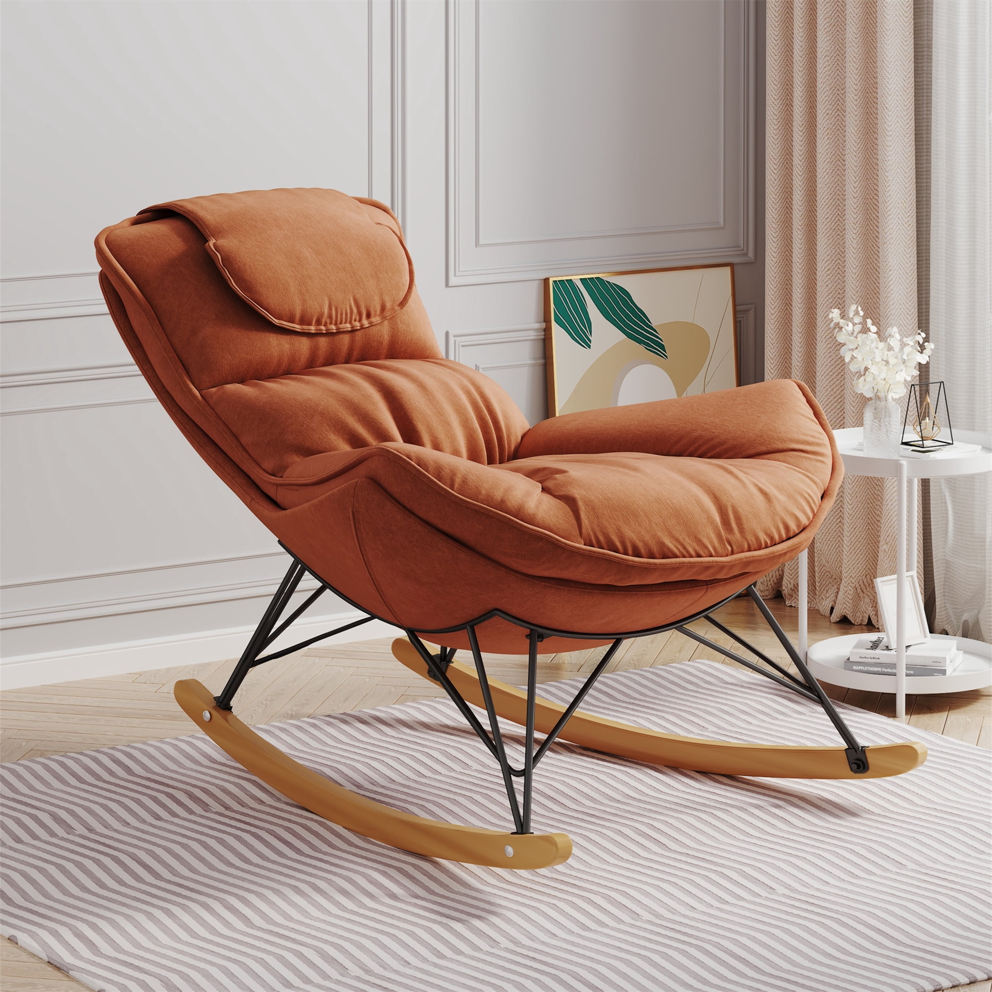 Aukfa Upholstered Rocking Chaise Lounge Chair for Home Office, Velvet, Brown