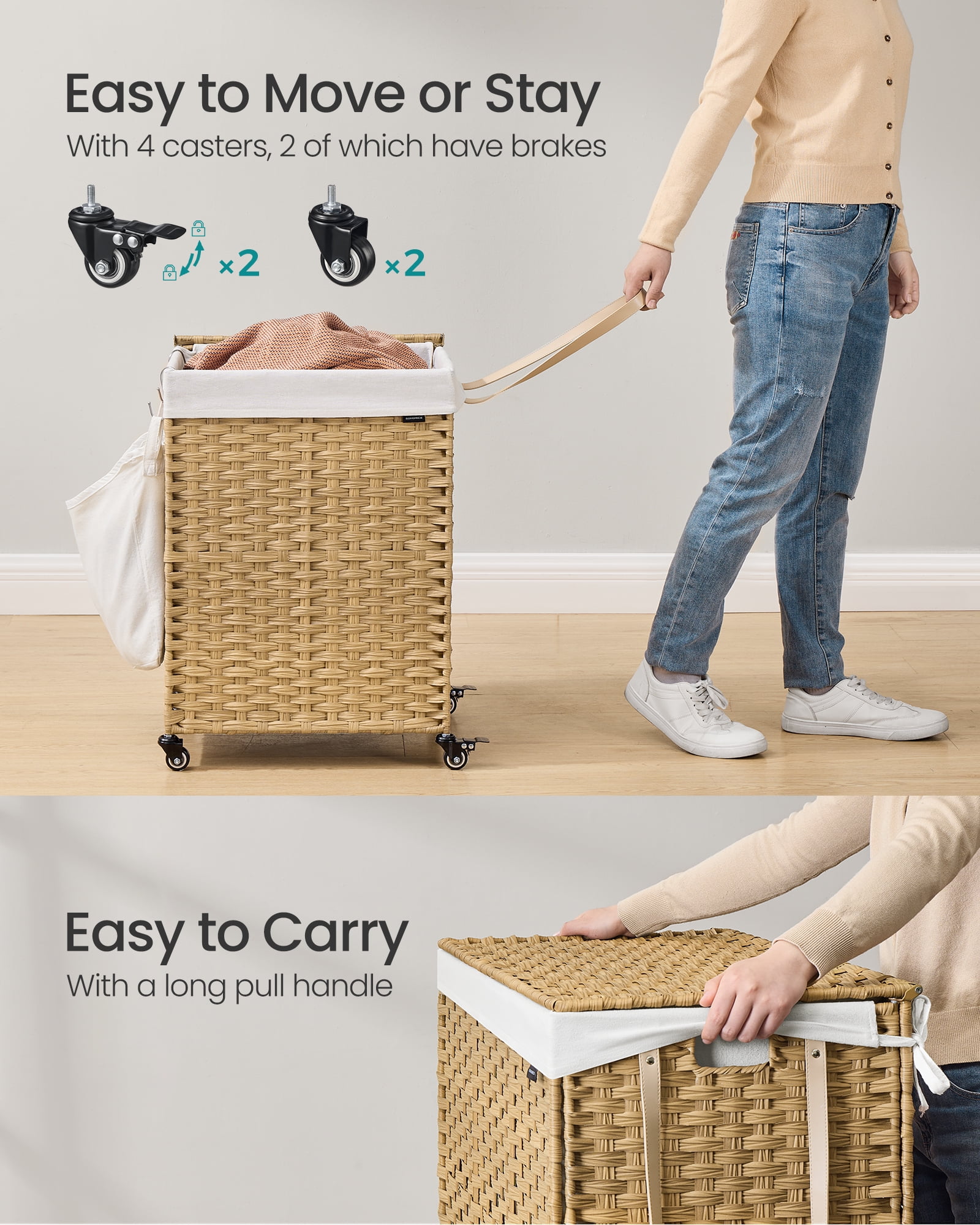 31.7 Gallon Rolling Laundry Hamper with Wheels & Removable Liner, Synthetic Rattan Storage Basket, 18.1x15.7x26 Inches, Natural