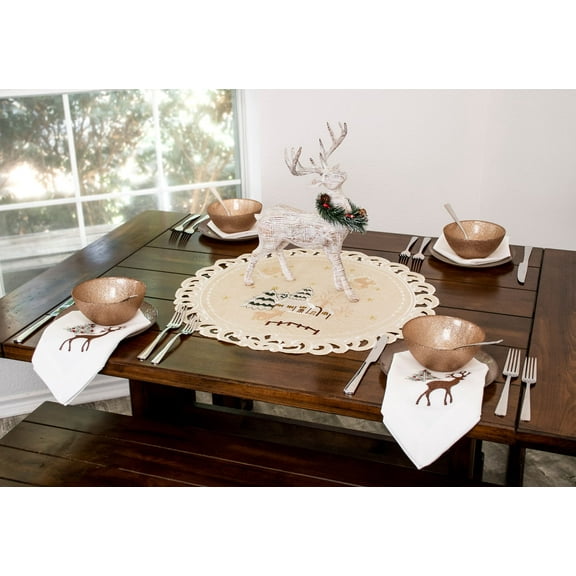 Embroidered Beige Winter Snow Scene Round Table Topper (23"/ 33" Round, 33" Square)
