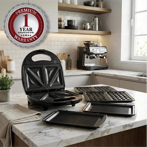 3 in 1 Electric Sandwich Maker, Press Grill and Waffle Iron Set with Removable Non-Stick Plates, Perfect for Cooking Grilled Cheese, Tuna Melts, Burgers, Steaks and Snacks, Black GPI302B