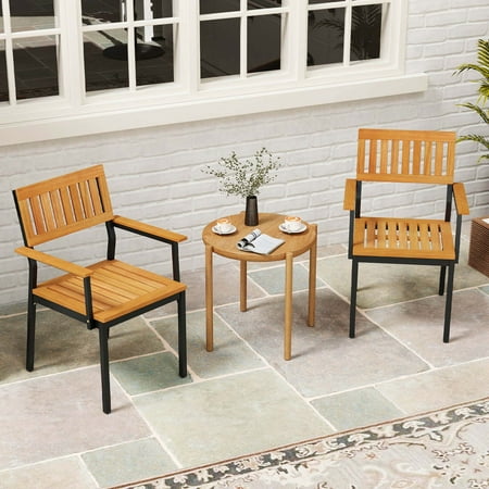 Costway Dining Chair Set of 2 with Acacia Wood Backrest Slanted Seat Comfortable Armrests - Natural + Black