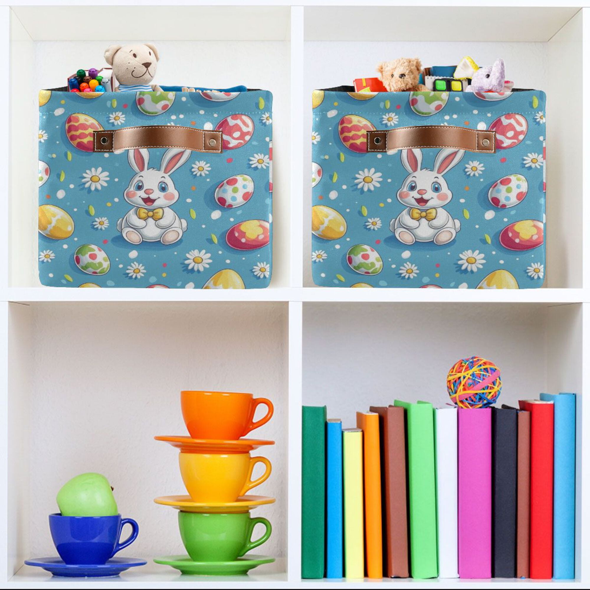 Yayeee 2 Pack Canvas Storage Basket with Handles for Shelves Fabric Bins Closet Organizer, Easter Bunny Pattern