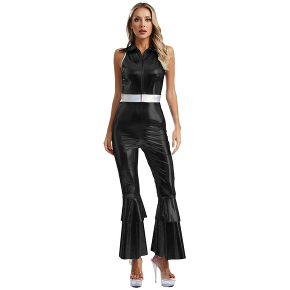 RUNQHUI 70s Disco Costumes Fancy Dress for Women Shiny Metallic Jumpsuit Sleeveless Hippie Romper Black M