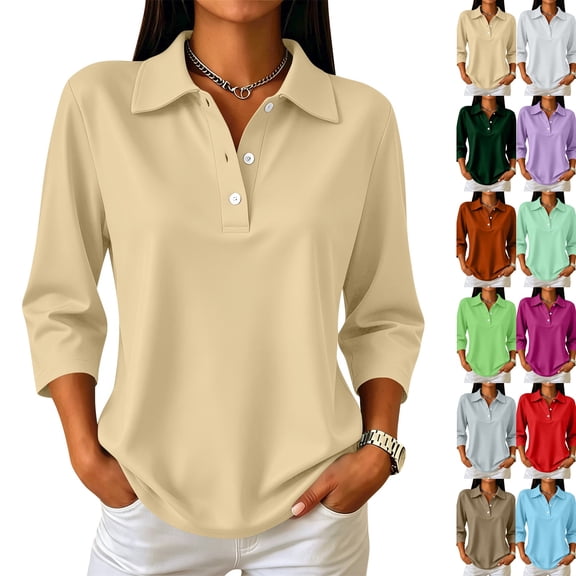 Womens Polo Shirts Business Casual Collared Three Quarter Sleeve Soft Tops Relaxed Fit Office Everyday Wear Blouses with Henley Button Front Beige S