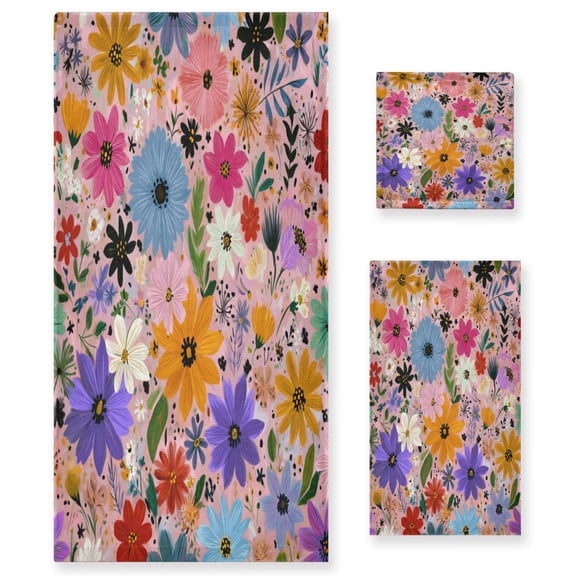 3 Sizes of Towel Sets Including Bath Towel Hand Towel and Washcloth for Daily Use Multicolored Floral Pattern
