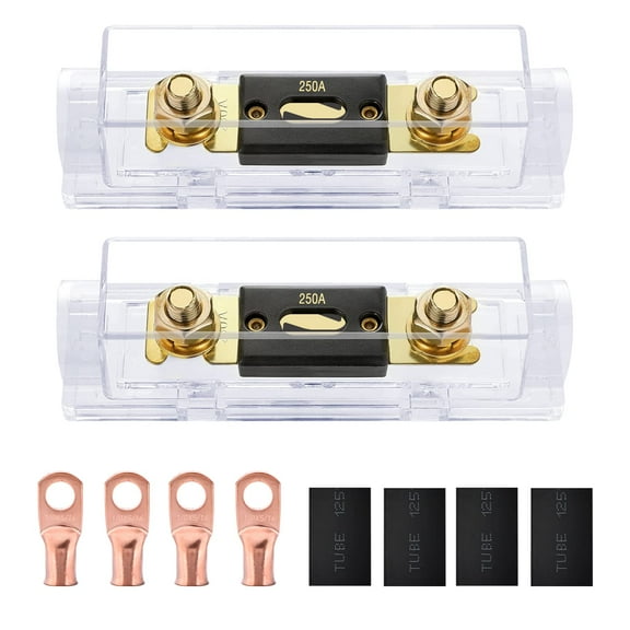 Nilight 2PCS 250A ANL Fuse Holder with ANL Fuse Electrical Protected Insulating Cover 5/16" Copper Lugs for 0 2 4 AWG Cables Used for car Audio Amplifier High Current Applications