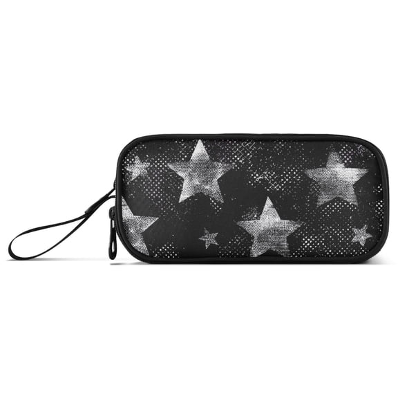 Black Background Silver Graffiti Stars Pencil Case Stationary Holder Pen Bag Pencil Pouch Tool Organizer 3 Compartments
