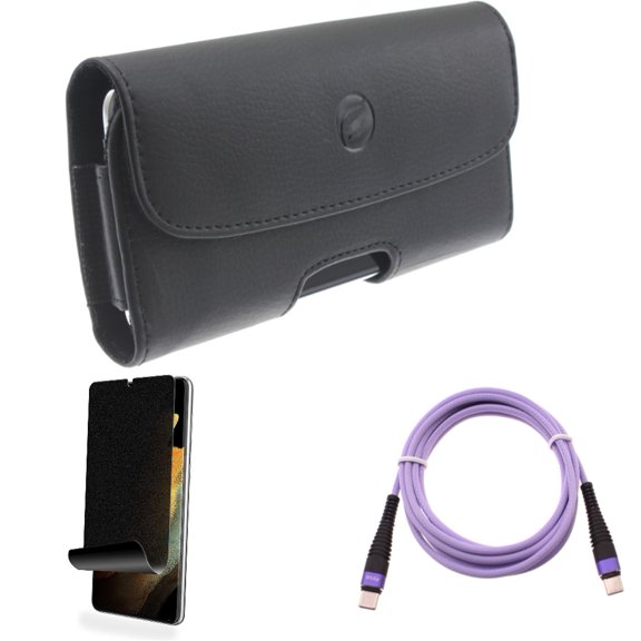 Case Belt Clip & Privacy Screen Protector & Purple 6ft PD Cable for Samsung Galaxy S21 Ultra Phone - Leather Holster & TPU Film Fingerprint Works & Type-C to USB-C Long Charger Accessory Bundle