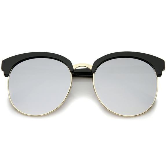 sunglassLA Unisex Womens Oversize Half-Frame Mirrored Flat Lens Round Sunglasses (Black-Gold / Silver Mirror) - 58mm