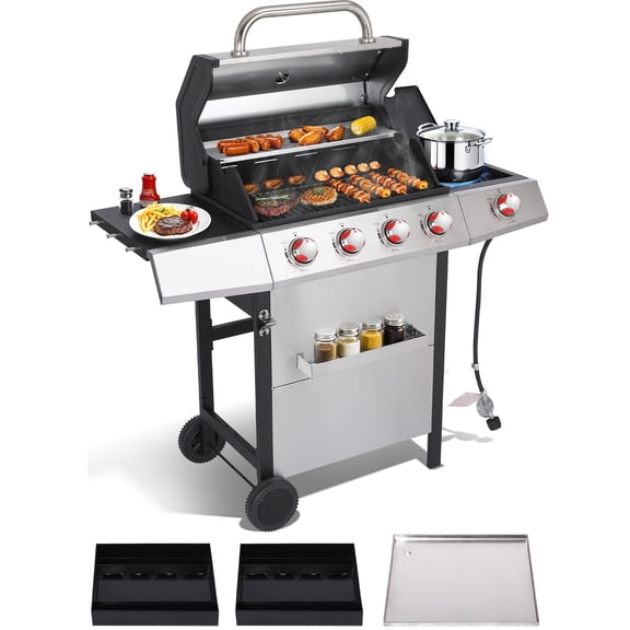 4 Burner BBQ Grill with Side Stove, 3-in-1 Propane Gas Grill with Cast Iron Grill Grate Removable Griddle Plate & Charcoal Pan, 448 SQ.IN. Stainless Steel
