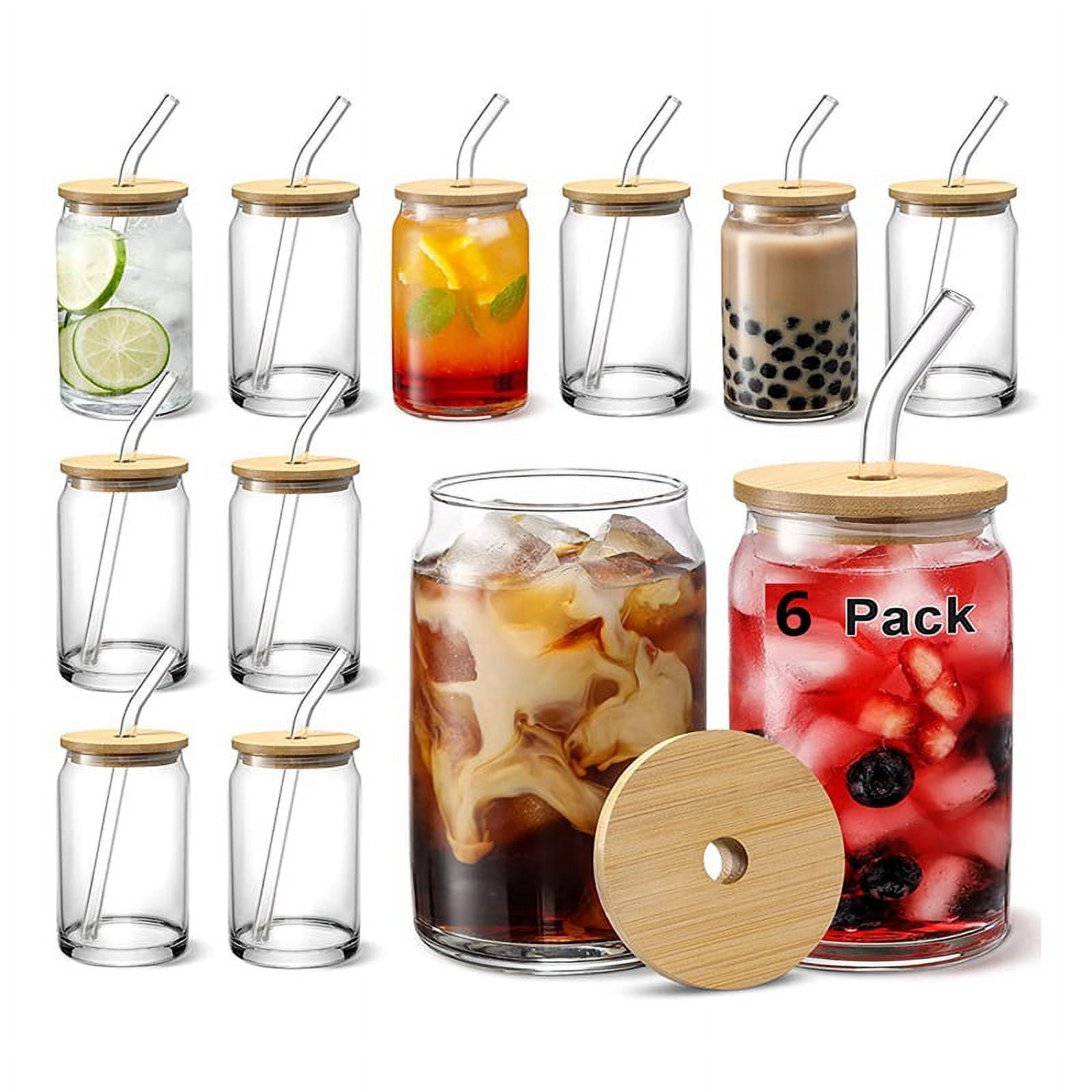  ASKIZ [16Pcs Set] Glass Cups With Bamboo Lids And Straws,16Oz  Glass Water Bottles Glass Jars Cups Drinking Glasses, Beer Glasses Ice  Coffee Glasses For Juicing Coffee Soda Tea: Home & Kitchen
