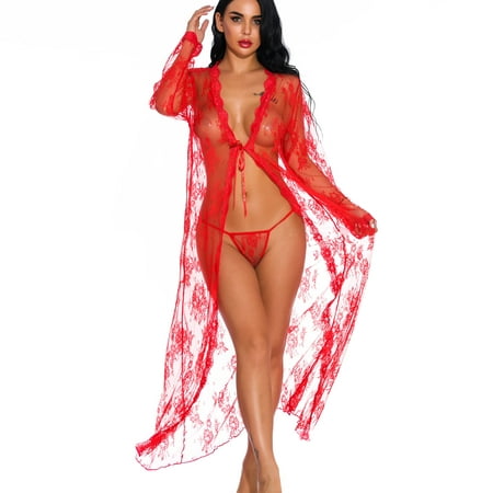 

Cardigans For Women Plus Size Vsontor Women Lace One-Piece Underwear Cardigan Long Nightgown See-Through Pajamas Red S