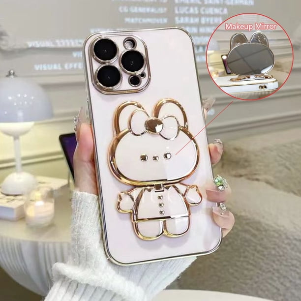 Linda Carcasa De Espejo De Conejo Para Samsung Galaxy A14 A54 A34 M14 F14 M54 5G A04 A24 4G Funda De Chapado Suave Pajarita Maquillaje Soporte Ultra Delgado Cubierta Trasera