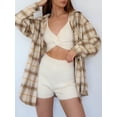 thumbnail image 4 of ZAFUL Women Casual Wool Blend Plaid Thin Shirt Light Coffee S, 4 of 6